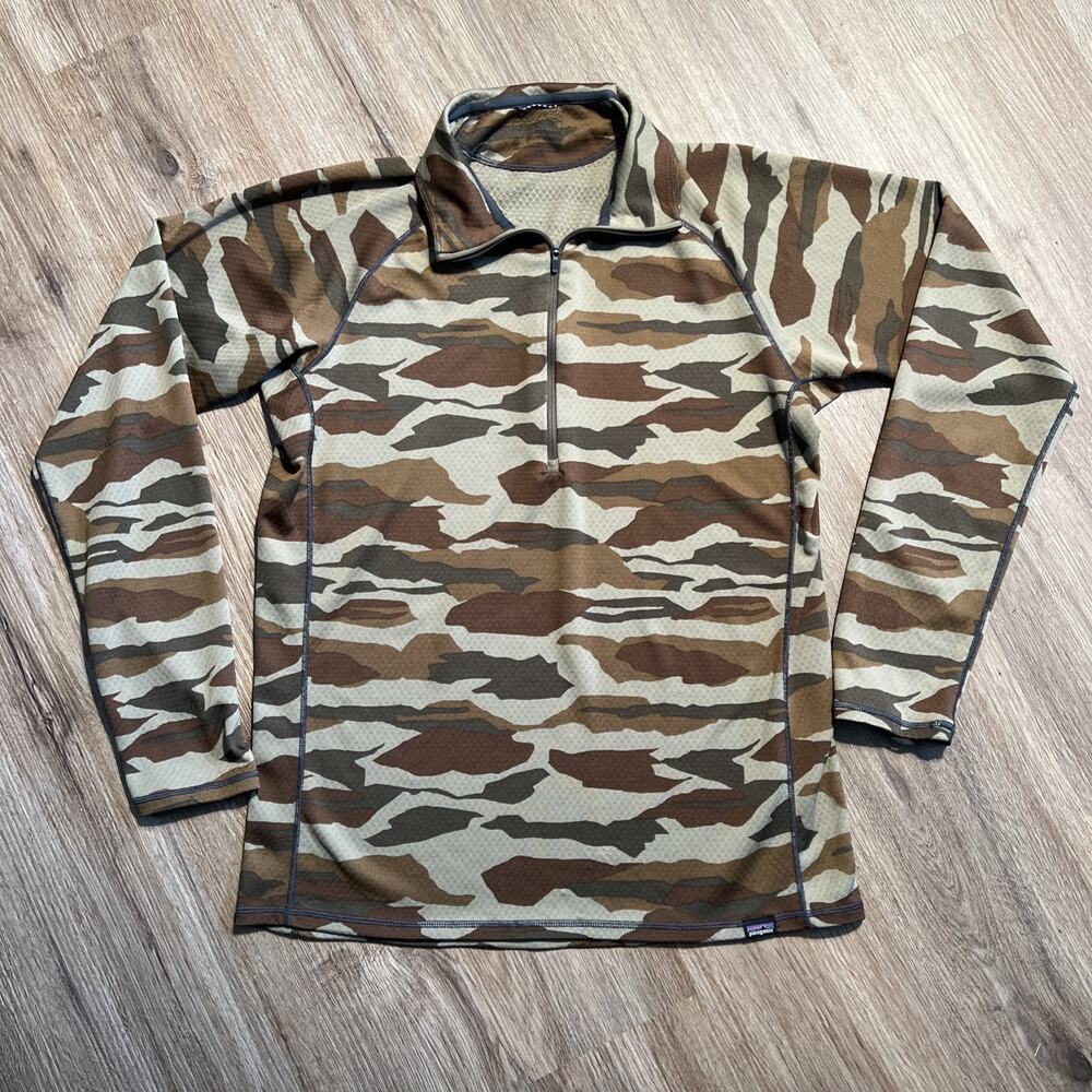 Patagonia Mens Medium Camo Capilene Midweight 1/4 Zip Base Layer Shirt Pullover